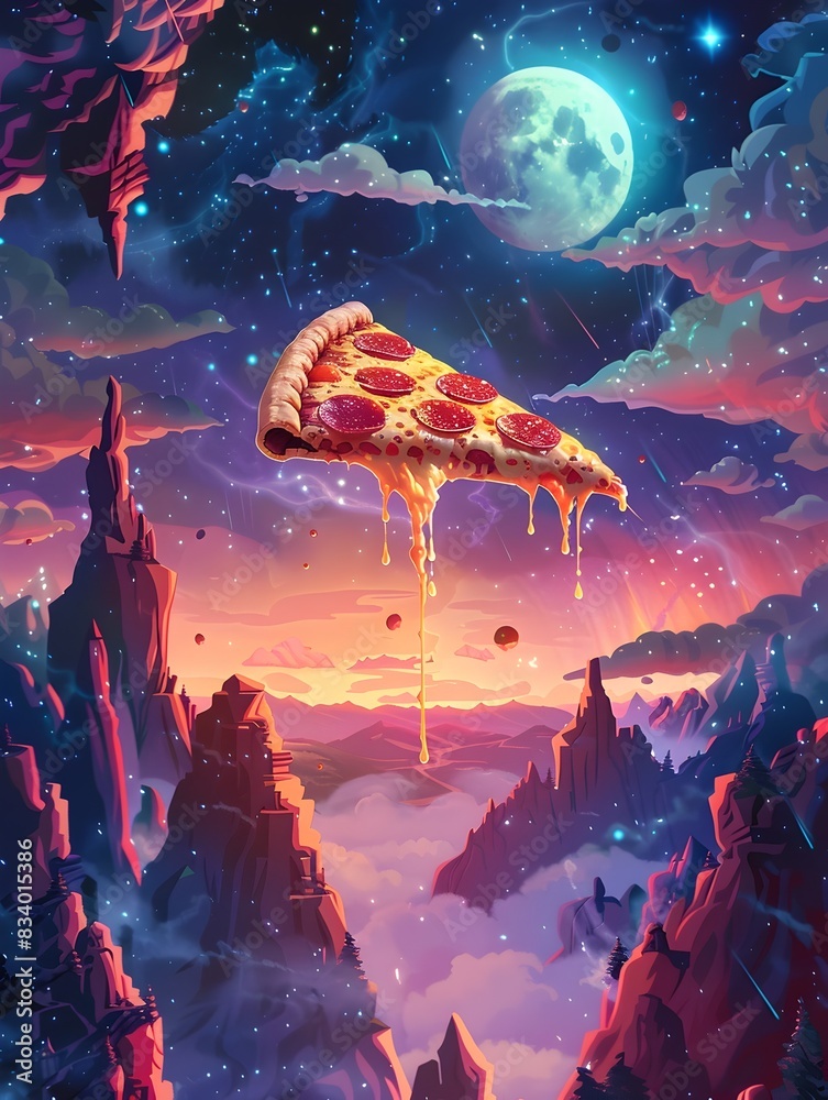 Floating Cosmic Pizza Slice with Melted Pepperoni in Surreal Digital ...