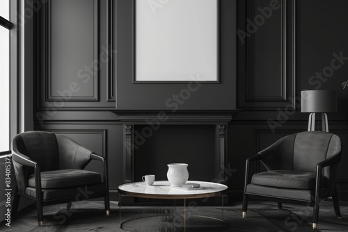 Black and white living room interior with two armchairs, coffee table near fireplace on gray wall mockup poster frame. Minimalist home design concept © Sabina Gahramanova
