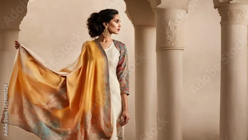 The silk dupatta exudes an air of elegance as it gracefully floats in the air photo