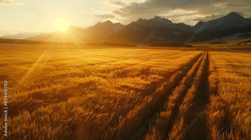 Aerial low flight over a ripe wheat field with mountains at sunset.
