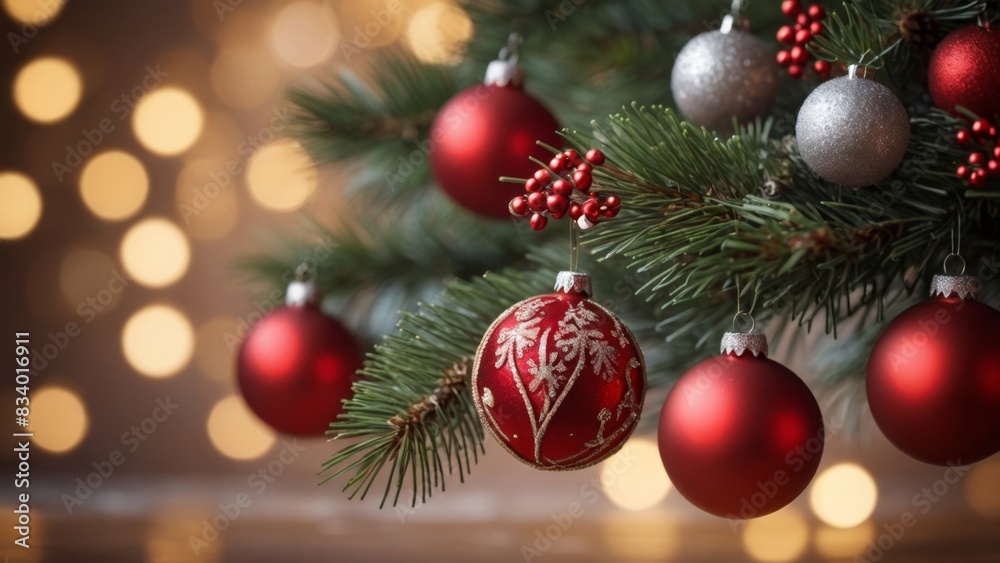 Christmas balls on a Christmas tree with bokeh background Christmas balls on a Christmas tree with bokeh background