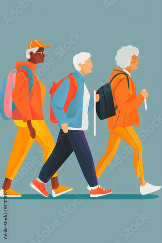Elderly people walking with backpacks. Old people traveling together flat vector illustration