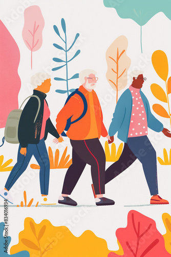 Elderly people walking with backpacks. Old people traveling together flat vector illustration