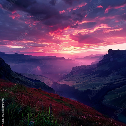 A breathtaking mountain landscape at sunrise with misty valleys and a colorful sky, creating a peaceful and serene ambiance. 