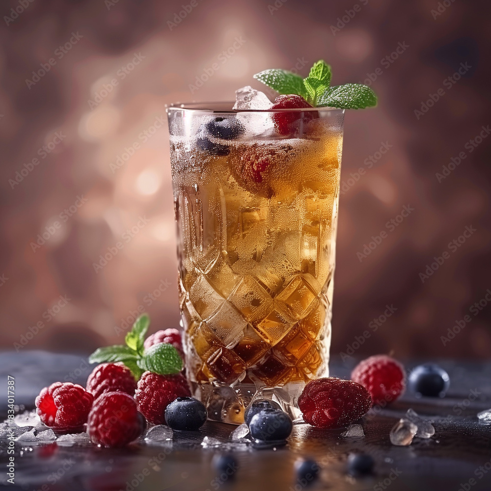 Closeup of a chilled mocktail in a highball glass with condensation, garnished with a sprig of mint and fresh berries. Closeup of a chilled mocktail in a highball glass with condensation, garnished with a sprig of mint and fresh berries.