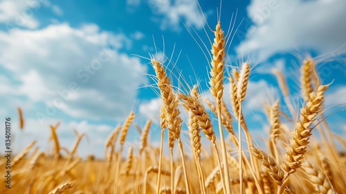 Close-up of ripe wheat under a blue sky. 