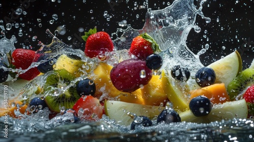 Fresh fruit mix splashing in water. 