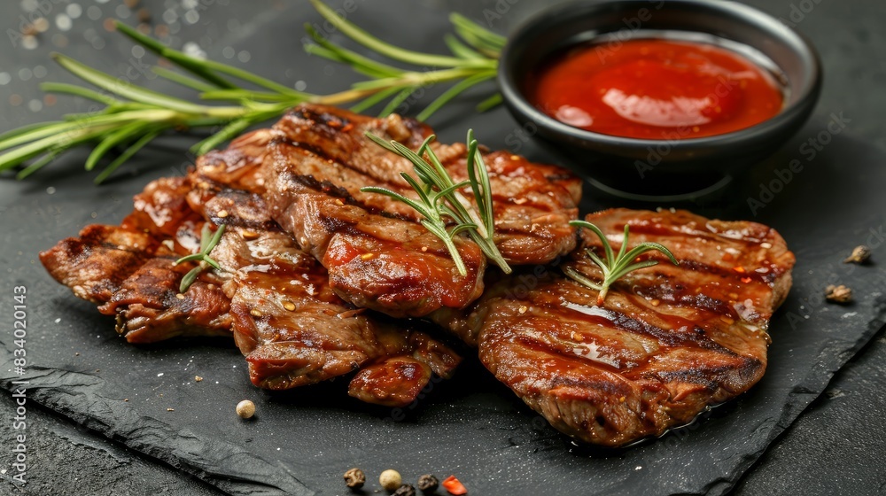 Grilled beef steak with herbs and spices.
Grilled beef steak with herbs and spices.