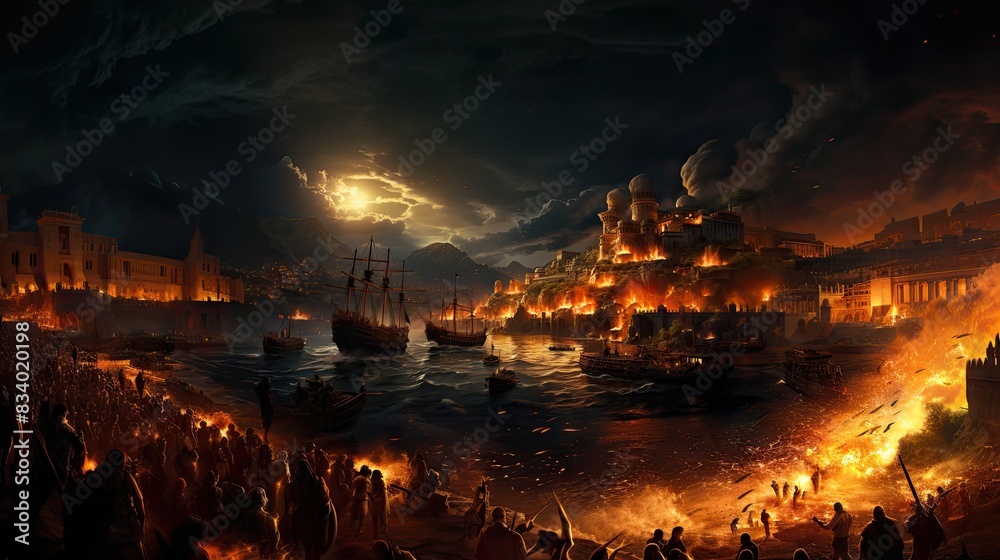 A tense siege scene with an attacking army, dramatic stormy skies, and fires lighting up a coastal cityscape under threat, evoking fear and defiance