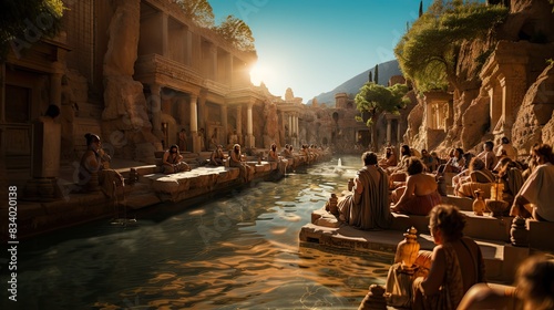 A digitally recreated Roman bathhouse filled with people relaxing by the water, bathed in a warm golden light of sunset, which imbues an air of ancient history and culture photo