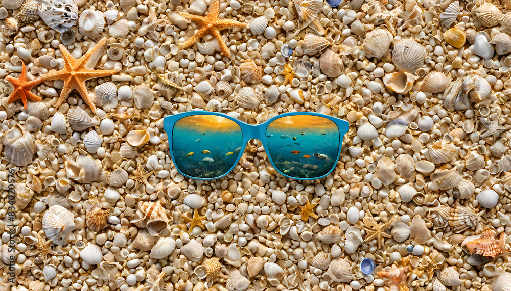 Obraz premium A pair of sunglasses lies atop a dense collection of seashells, exuding beachside aesthetics, perfect for a summer-themed card