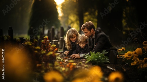 A solemn family moment at a cemetery with backlit sunset hues highlighting the intimacy and sorrow of the moment photo