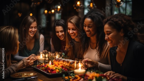 A group of women friends enjoying a cozy dinner together with smiles and a warm atmosphere