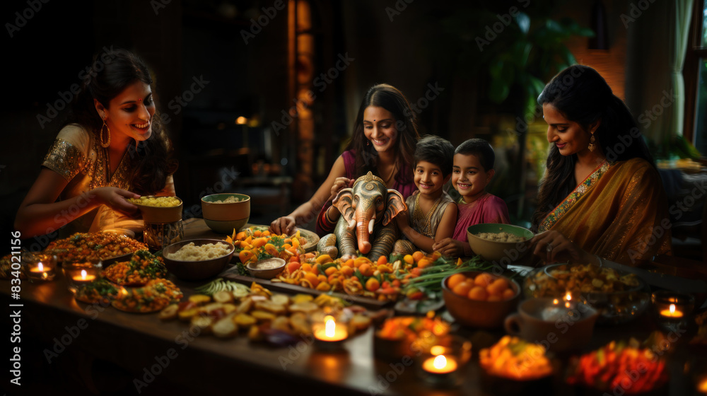 An extended Indian family gathered around a table filled with traditional dishes during the Diwali festival An extended Indian family gathered around a table filled with traditional dishes during the Diwali festival