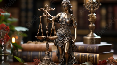 An elegant statue of Lady Justice with scales, surrounded by law books and seasonal flowers