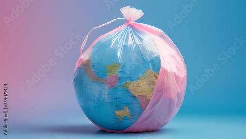 Globe in a Trash Bag: Concept of Environmental Pollution	 photo