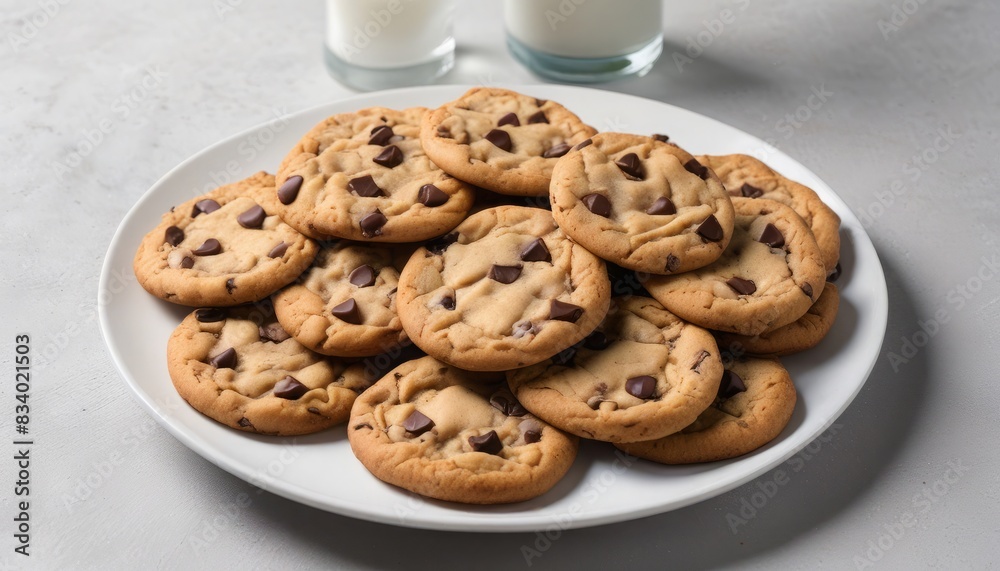 A plate of chocolate chip cookies sits on a table next to a glass of milk A plate of chocolate chip cookies sits on a table next to a glass of milk