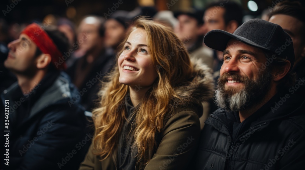 An engaged audience is fully immersed and expressing joy at a captivating nighttime event An engaged audience is fully immersed and expressing joy at a captivating nighttime event