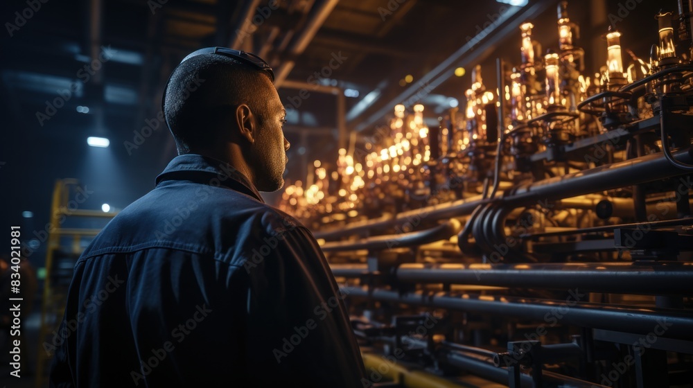 A male worker in overalls observes complex industrial equipment in a dimly lit factory setting A male worker in overalls observes complex industrial equipment in a dimly lit factory setting