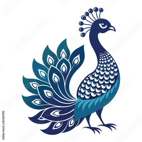 peacock stands with beautiful feathers, isolated white background