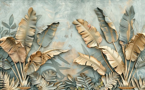 3d classic wallpaper. green branches tree leaves on drawing gray mural background for bedroom decor. AI generated illustration