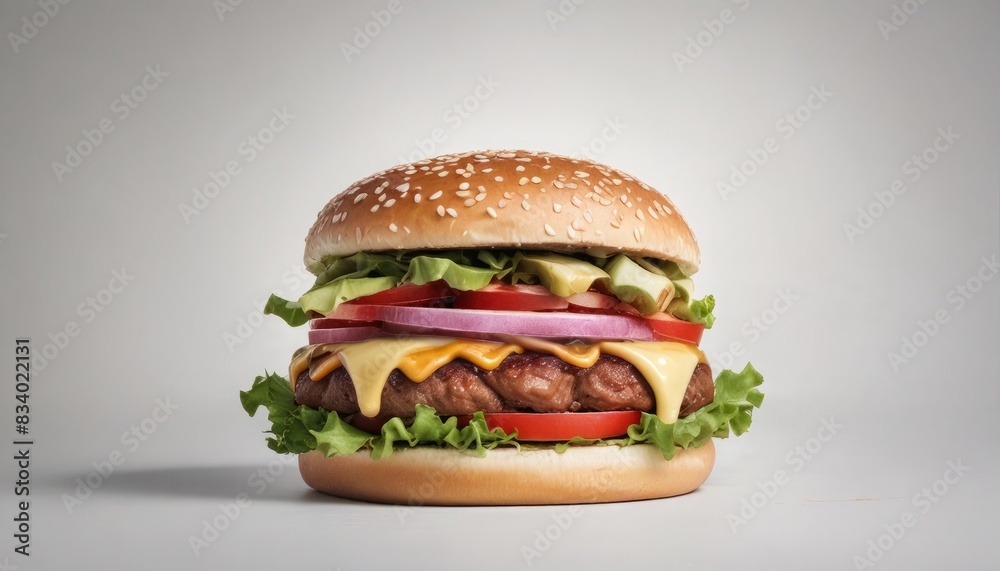 A hamburger with lettuce, tomato, and cheese on a bun A hamburger with lettuce, tomato, and cheese on a bun
