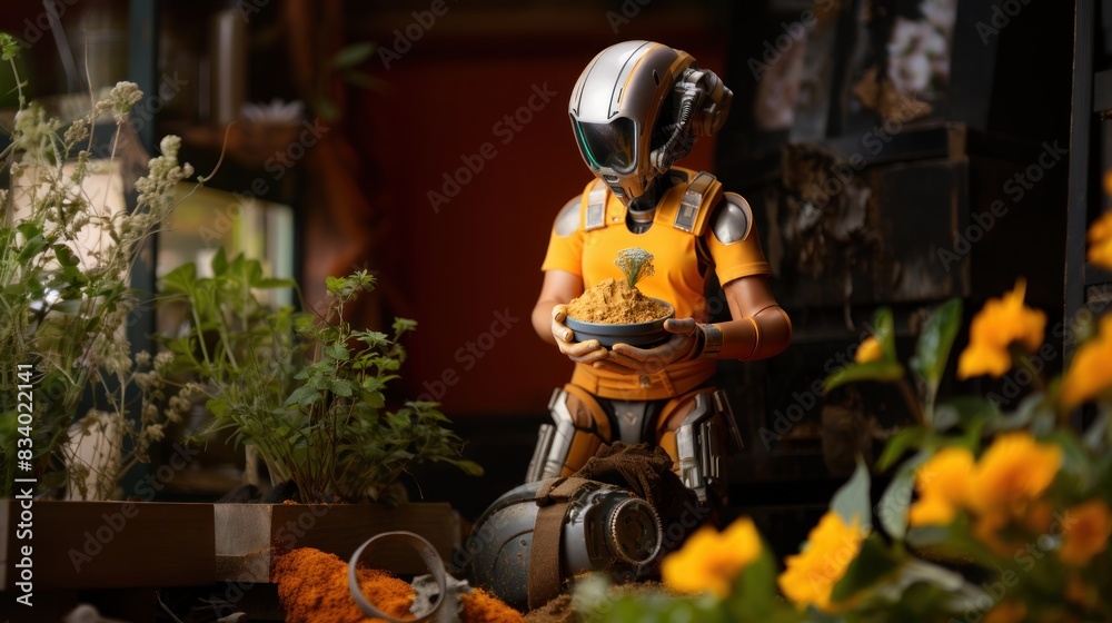 Fototapeta premium Futuristic robot with a helmet head holding a bowl of noodles amidst a cafe setting with flowers