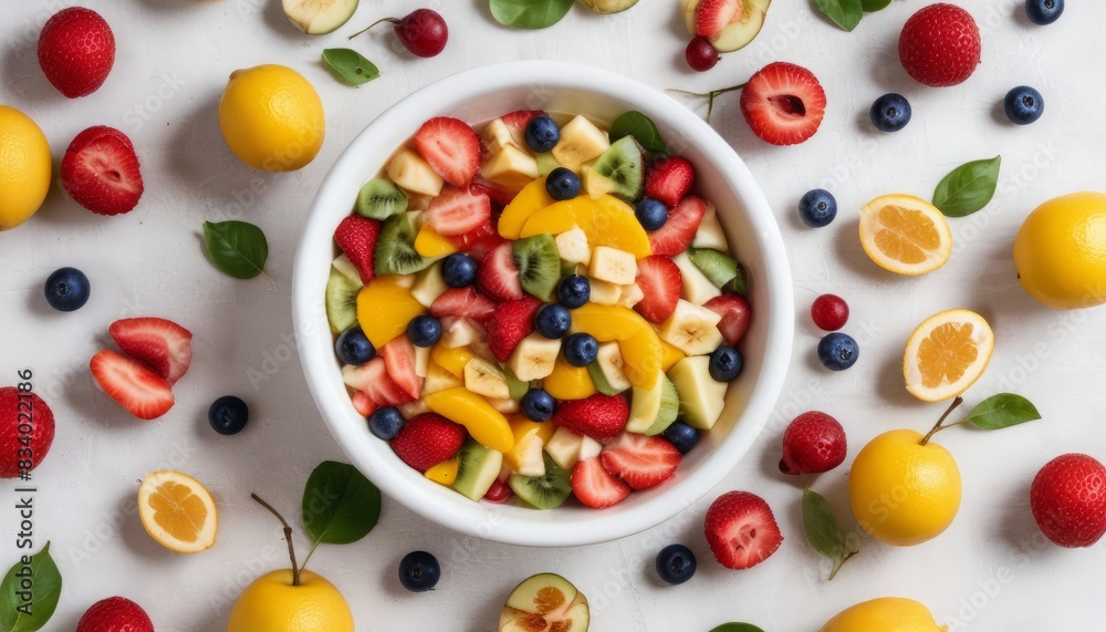 A bowl of fruit salad with a variety of fruits including strawberries A bowl of fruit salad with a variety of fruits including strawberries