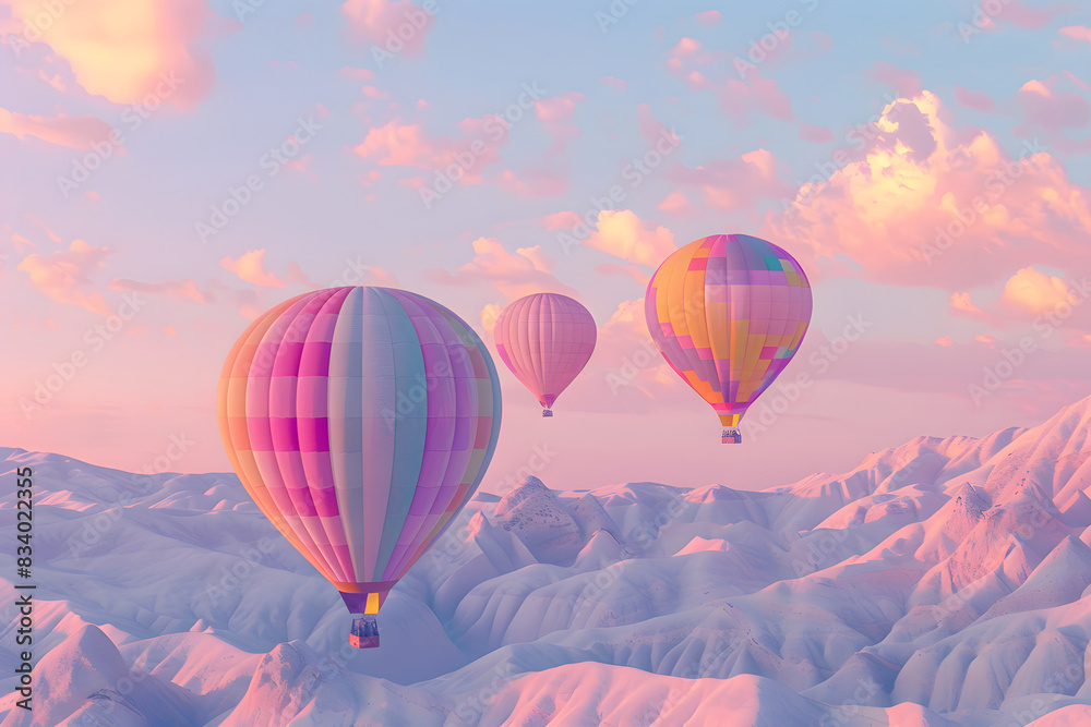 Obraz premium Large, colorful, airy, flying balloons in the sky over the mountains,
