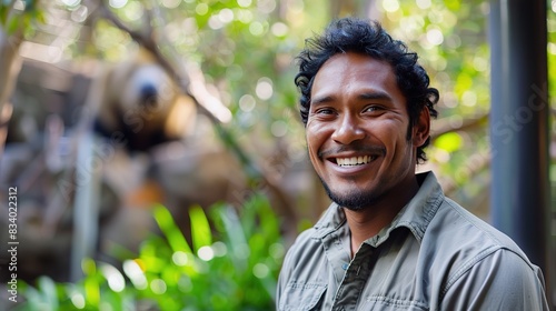 happy hispanic Zookeeper man working at zoo smiling and looking at camera. zoo worker on monkey animals background. safari national park.