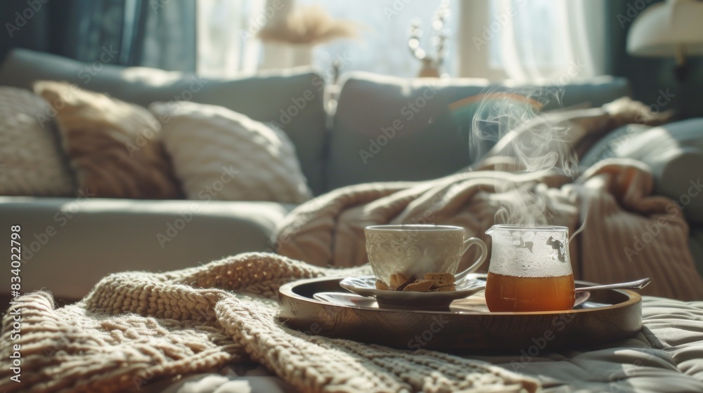 A cozy still life in a living room featuring sweaters and a steaming cup of tea on a tray on the coffee table.
A cozy still life in a living room featuring sweaters and a steaming cup of tea on a tray on the coffee table.