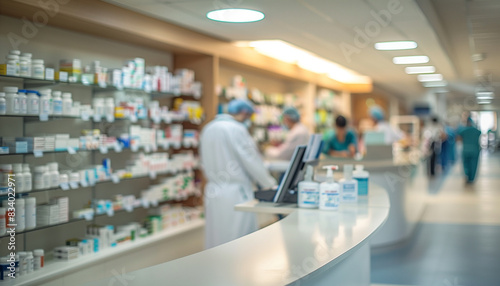 a of a well-organized hospital pharmacy with shelves of medications and a counter, featuring a blurred background of pharmacists working, Interior, hospital, indoor,