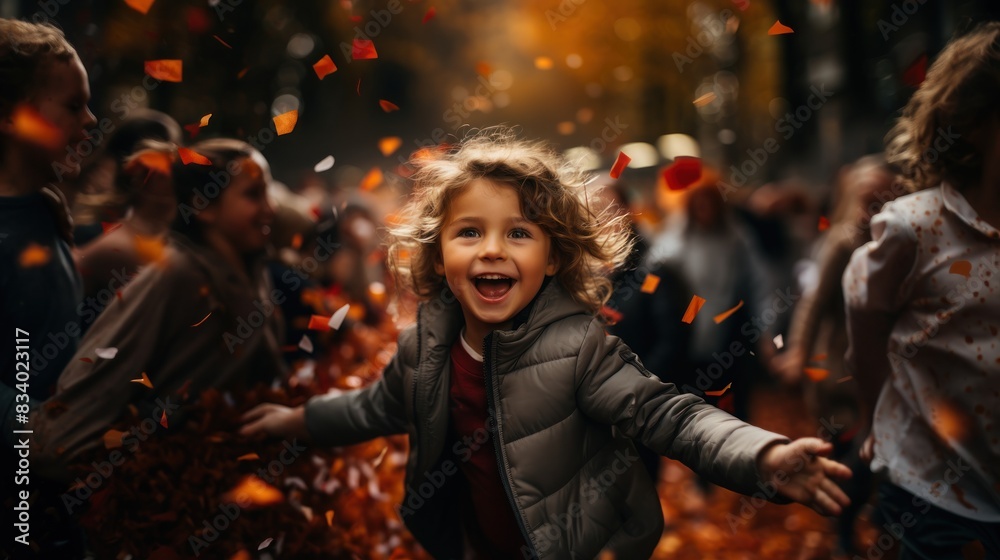 A happy child with curly hair laughs while playing with flying orange autumn leaves A happy child with curly hair laughs while playing with flying orange autumn leaves