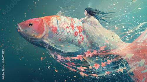 Big wonderful fish with a woman sitting on it