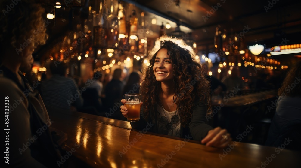 Cheerfully holding a pint, a woman enjoys her time in a vibrant pub with friends and ambient lights Cheerfully holding a pint, a woman enjoys her time in a vibrant pub with friends and ambient lights