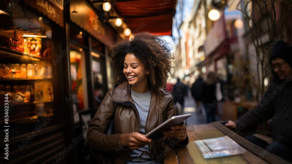 An exuberant young woman is engrossed in her tablet at a street café, showcasing urban life An exuberant young woman is engrossed in her tablet at a street café, showcasing urban life