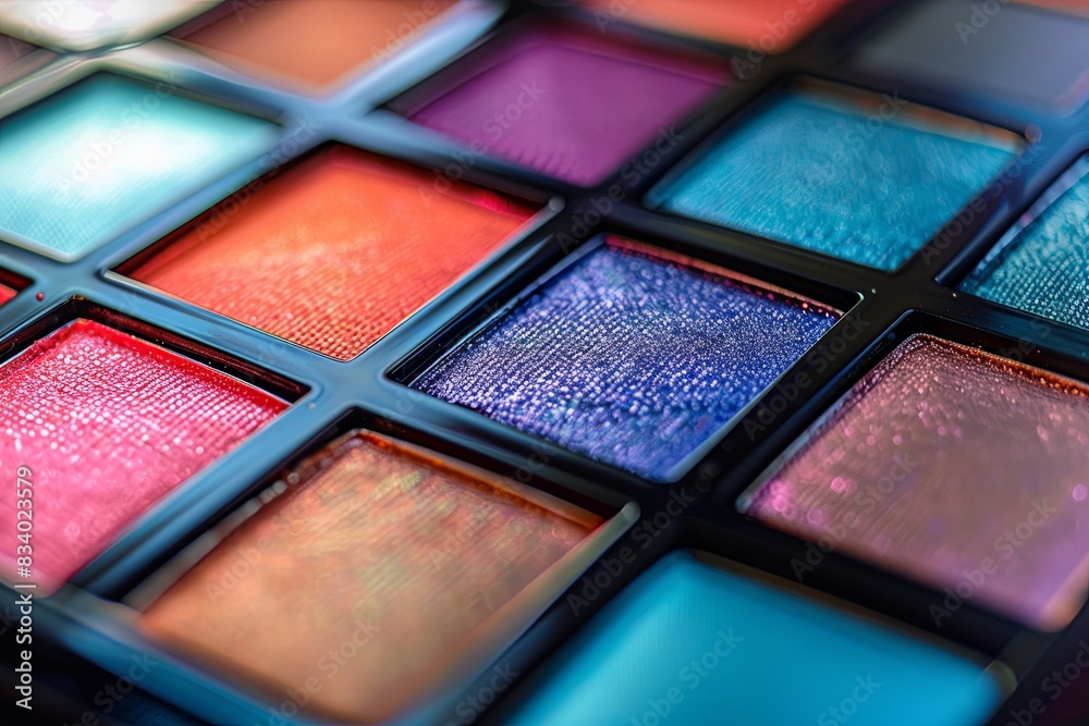 Detailed close-up of a vibrant eyeshadow palette displaying rich colors and textures. Generative AI Detailed close-up of a vibrant eyeshadow palette displaying rich colors and textures. Generative AI
