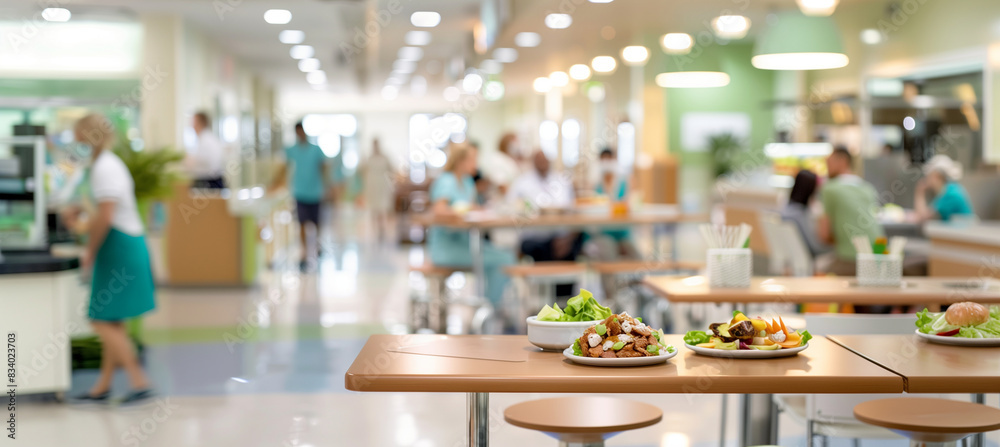 a  of a hospital cafeteria with tables and healthy food options, capturing the lively atmosphere with a blurred background of patients and staff enjoying meals, Inter
