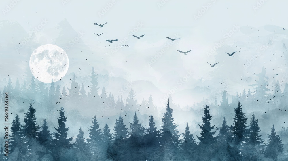 © Chingiz - A hand-drawn vector watercolor of a mystical, foggy landscape featuring a dense coniferous forest.