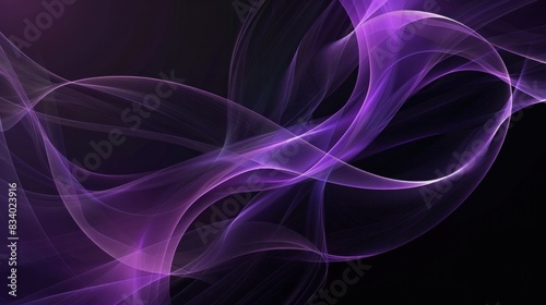 Dynamic violet curves and lines swirl against a stark black background.