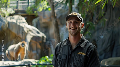 happy hispanic Zookeeper man working at zoo smiling and looking at camera. zoo worker on monkey animals background. safari national park.