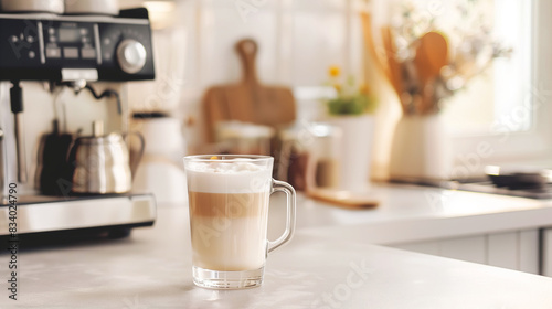 Glass mug with Latte on a white kitchen table against the background of a white kitchen with a coffee machine next to it. Homemade coffee, copy space.