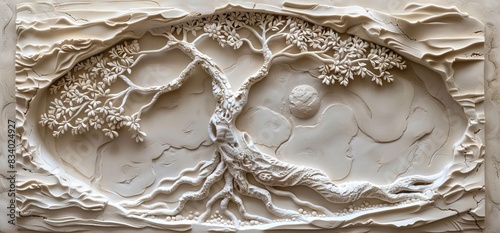 3D relief white tree wallpaper mural wall. AI generated illustration