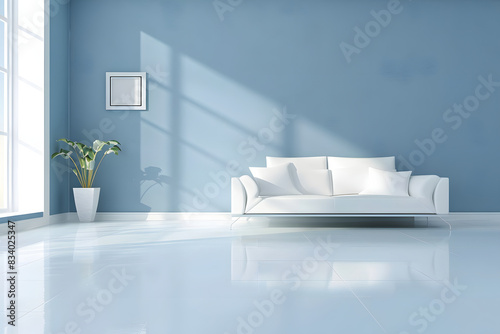 modern minimalist living room, trendy blue wall color, interior design, color palette photo