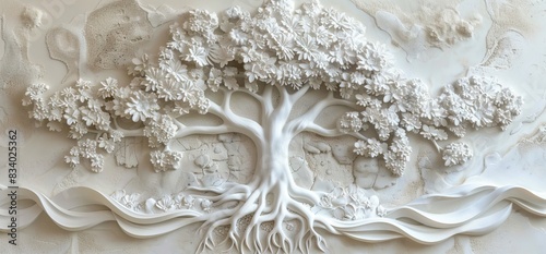 3D relief white tree wallpaper mural wall. AI generated illustration