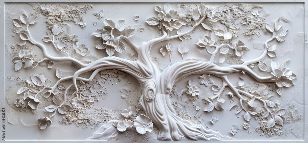 3D relief white tree wallpaper mural wall. AI generated illustration
