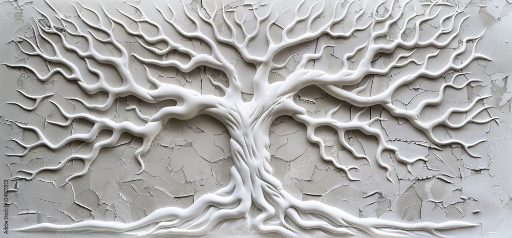 3D relief white tree wallpaper mural wall. AI generated illustration