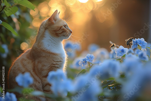 cat in the garden,Bask in the enchanting beauty of springtime as delicate bluestar flowers bloom under the gentle glow of the sun, accompanied by the playful presence of a cute cat, creating a scene o photo