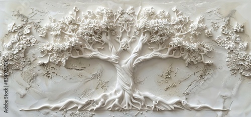 3D relief white tree wallpaper mural wall. AI generated illustration