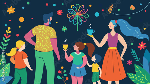 Families and friends marvel at the intricate and joyful chalk art designs tered throughout the festival.. Vector illustration